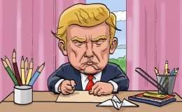 An AI-generated image of Donald Trump sat at a desk.