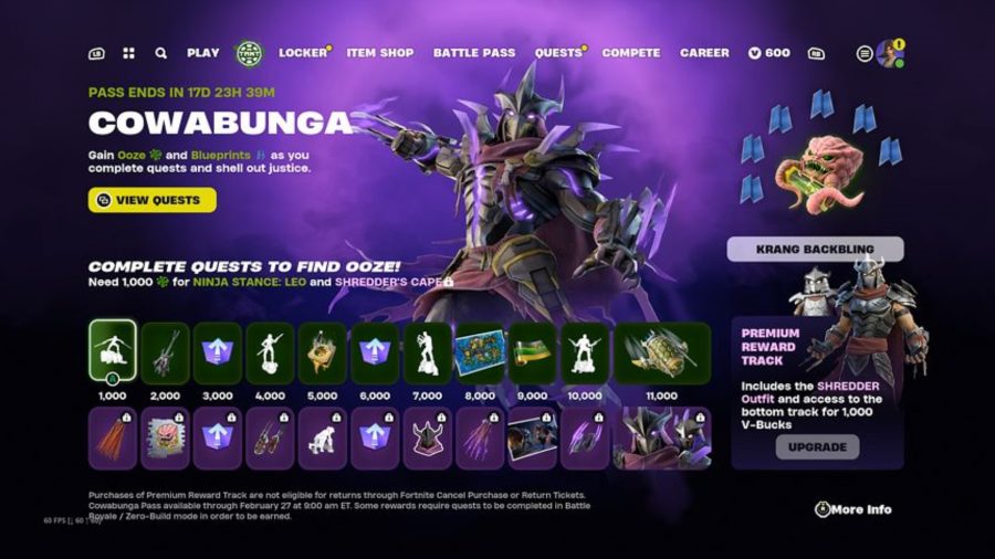 An image of all the Cowabunga Battle Pass rewards in Fortnite
