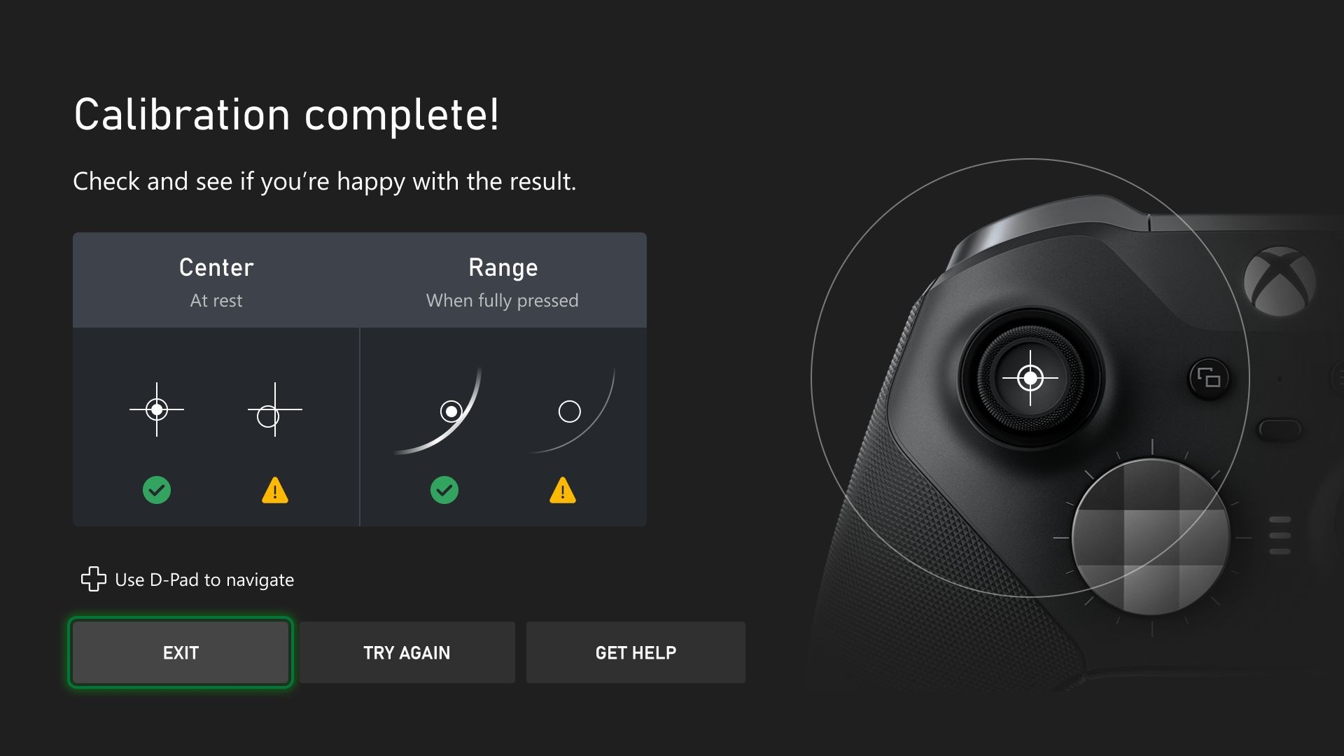  Captura de pantalla de calibración del controlador Xbox