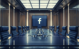 A generated image of a long intimidating boardroom table stretching away from the viewer. There are several empty seats around the table. A screen at the back wall has a Facebook logo on it.