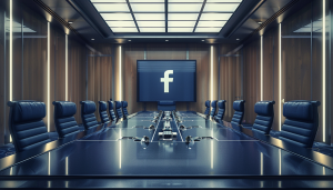 A generated image of a long intimidating boardroom table stretching away from the viewer. There are several empty seats around the table. A screen at the back wall has a Facebook logo on it.