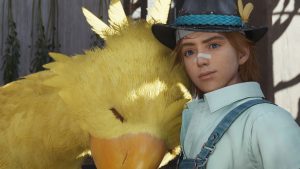 An image of a character from FF7 Rebirth cuddling a Chocobo