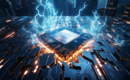A generated image of a powerful AI processing chip with lightning bolts coming off it as it glows orange on its underside with head