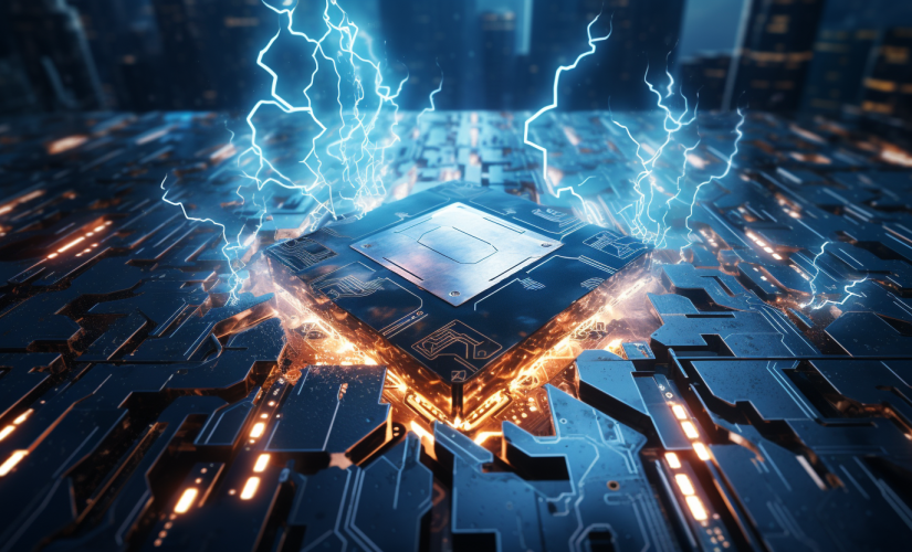A generated image of a powerful AI processing chip with lightning bolts coming off it as it glows orange on its underside with head