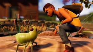 A render from Grounded with a character shrunk down and examining an aphid