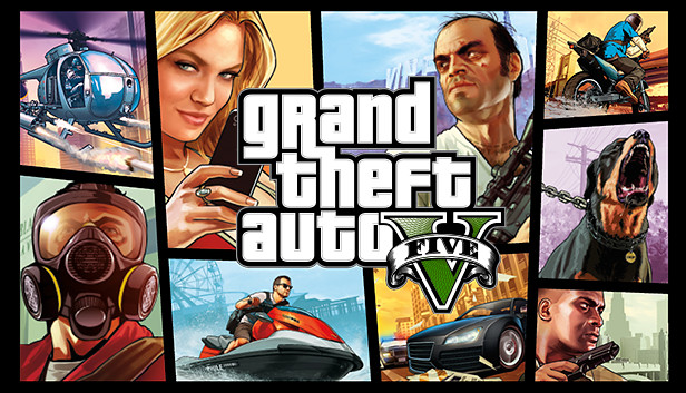 A title card image of GTA 5 featuring a collage of characters and scenes from the hit video game