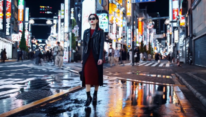 A screenshot from an AI generated clip from Sora AI. A women in a red dress with a leather jacket on top and dark glasses walks confidently down a buys and well lit street which resembles Tokyo. People walk pst in the background and there are many neon signs.