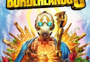The cover image of Borderlands 3 game from Gearbox Studios, the company owned by Embracer Studios. A man in a white gas mask with glowing blue eyes holds a religious staff and holds up three fingers. He is surrounded by red roses and golden guns.