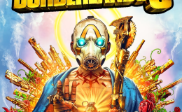 The cover image of Borderlands 3 game from Gearbox Studios, the company owned by Embracer Studios. A man in a white gas mask with glowing blue eyes holds a religious staff and holds up three fingers. He is surrounded by red roses and golden guns.
