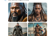 A screenshot of Google Gemini being asked for images of vikings and producing four images, none of which show a Caucasian person.