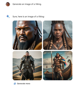 A screenshot of Google Gemini being asked for images of vikings and producing four images, none of which show a Caucasian person.