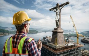 An AI=generated image of a builder constructing a statue of Christ.