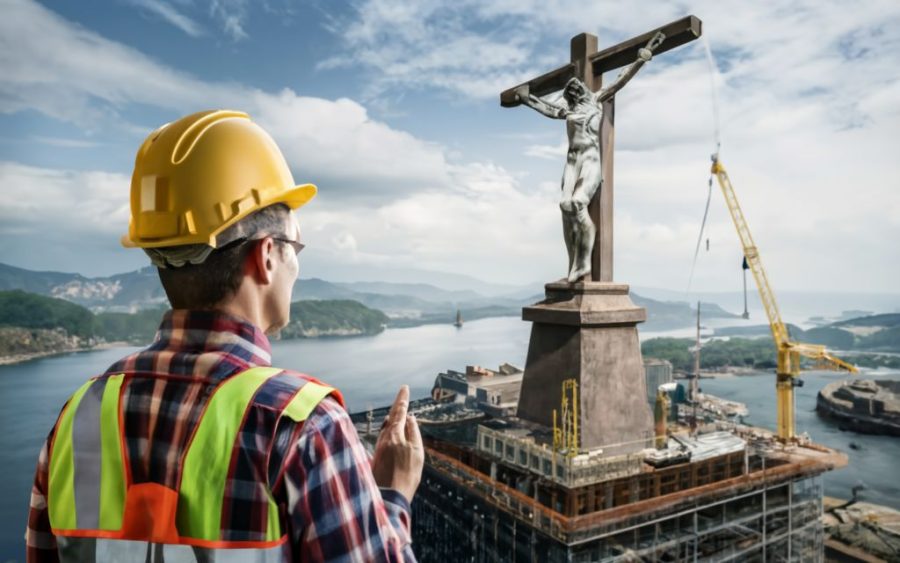 An AI=generated image of a builder constructing a statue of Christ.