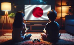 Kids playing games with a Japanese flag on the screen