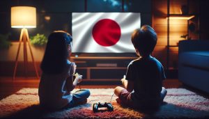 Kids playing games with a Japanese flag on the screen