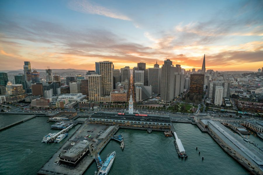 An aerial view of San Francisco looking towards the Port Of San Francisco and towards downtown.