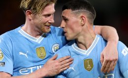 Kevin de Bruyne and Phil Foden of Premier League champions Manchester City / Optus Sport is the subject of a complaint to the Australian media watchdog.