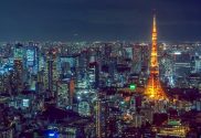 A night aerial shot of Tokyo, Japan. Lit up at night.
