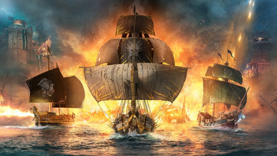 Artwork from Skull and Bones showing three pirate shiips in flames.