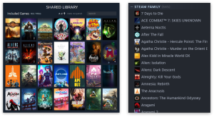 Shared library view and Steam Family view, showing different video game titles and their images