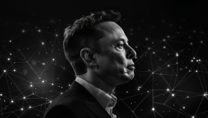 elon musk headshot , side profile, black and white image with a background that represents open source AI