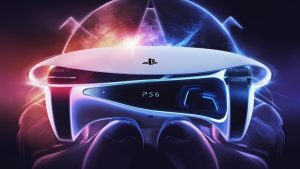 A futuristic and sleek promotional image of the yet-to-be-released PlayStation 6 console. The PS6 is shown in vibrant colors, featuring advanced controllers and a modern design. The console glows with an otherworldly aura, and the 'PS6' logo stands out prominently on the front. The background is a blend of cosmic and digital elements, evoking a sense of innovation and excitement for the upcoming gaming platform.