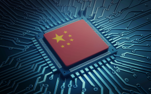 a high detail sophisticated computer circuit with an advanced chip in the centre. On the chip is embossed the Chinese flag. The chip is fused., 3d render, cinematic