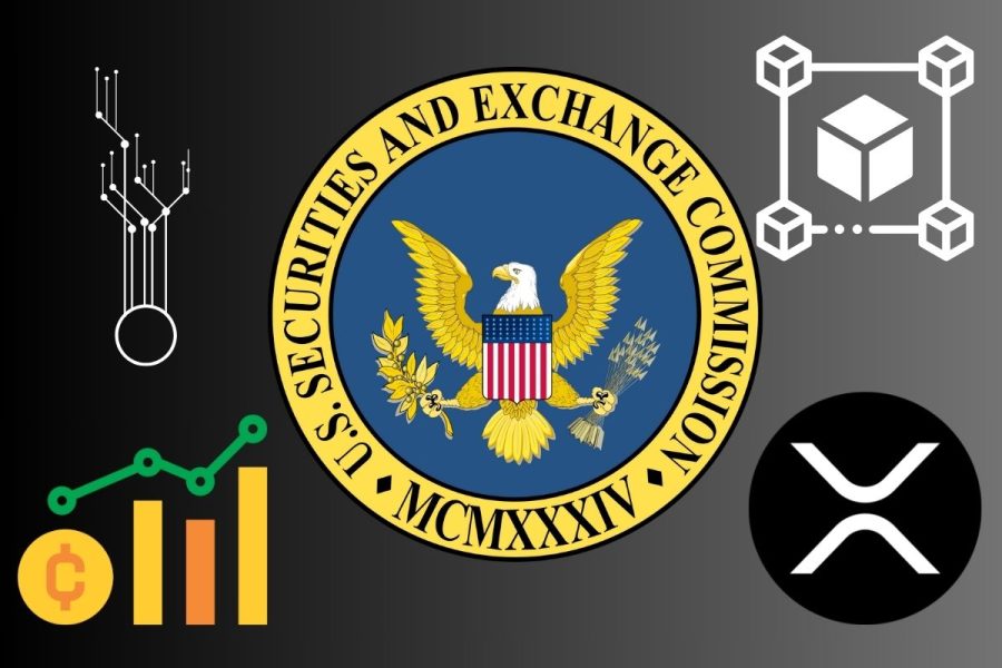 A composite image with the seal of US Securities and Exchange Commission (SEC) in the centre of a black and grey background. Generic crypto symbols are around it and one is the Ripple (XRP) logo