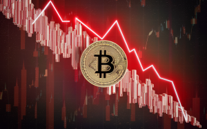 A dramatic illustration of a Bitcoin flash crash, with the cryptocurrency's value plummeting rapidly. The graph of Bitcoin's value is shown in a red downward trend, with a sharp drop in the chart.