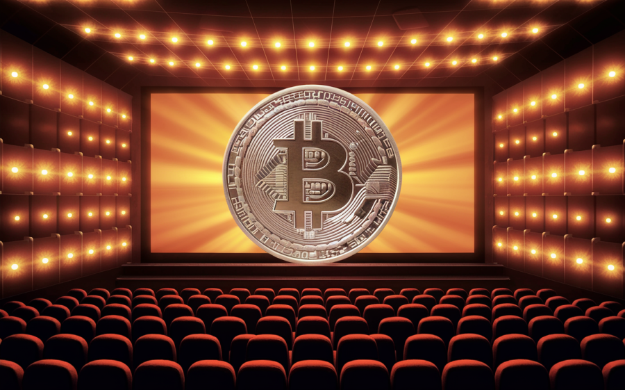 A giant movie screen with a Bitcoin shown on screen, 3d render