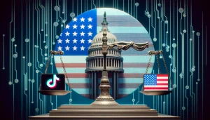 A digital image featuring a balanced scale, with the U.S. Capitol Building on one side and TikTok's logo on the other, against a backdrop that merges the American flag with digital circuitry and binary codes, symbolizing the legislative challenges facing TikTok over national security and data concerns.