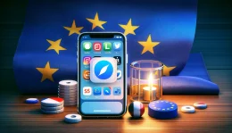 An illustration depicting a generic smartphone displaying a browser and various app icons, set against the backdrop of the European Union flag, symbolizing regulatory compliance and technological integration within the EU.