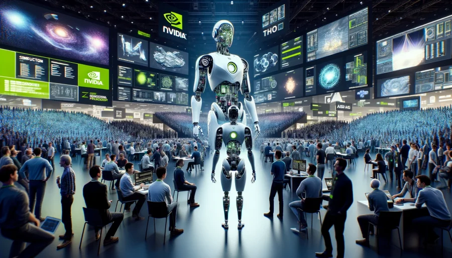 A wide-angle view of a technology conference featuring a humanoid robot engaging with attendees amid displays showcasing Nvidia's AI and robotics innovations, including the Jetson Thor computer and Isaac programs