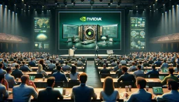 A professional setting at Nvidia's GTC conference showcasing the Nvidia NIM software on a large monitor in a conference room. Technology enthusiasts and developers are engaged in discussion, highlighting the practical applications of AI deployment