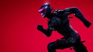 Key Art from DeathSprint 66 showing a cyborg running on a red background.