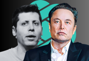 Elon Musk sues OpenAI and CEO Sam Altman over breach of contract. Painted graphic image of Elon Musk in black blazer and white shirt in front of black and white image of CEO Sam Altman with green OpenAI circle logo in the background.