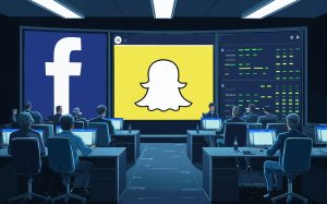 A dark control room with people at desks facing a large screen in the background, the wall has a large Facebook logo on it. The screen shows the Snapchat logo and contains data on users, 3d render, illustration