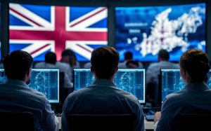 Generated image: intelligence analysts at a cyber protection security agency look at multiple screens, their backs turned to viewer. A Union Jack Flag can be see on one screen as well as a map of the UK, cinematic