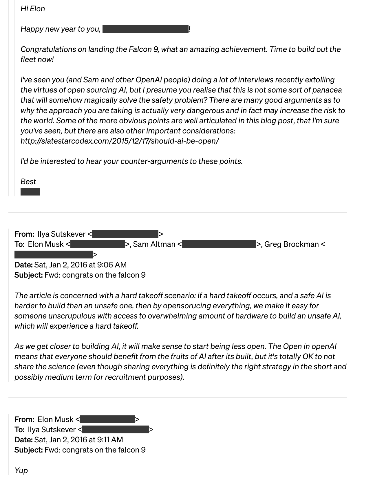 The emails between OPENAI and ELon musk