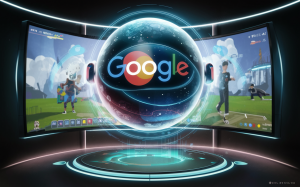 A futuristic 3D render of Google's AI assistance system, designed to enhance users' gaming experiences. The AI is shown as a glowing orb with the Google logo prominently displayed, floating above the game. The user can see their game on a large screen, with the AI providing real-time data and suggestions to improve gameplay. The overall atmosphere is sleek and modern, with a touch of futuristic technology, as the AI's presence enhances the gaming experience., 3d render