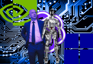 Humanoid robot startup Figure AI given $2.6bn valuation. A composite image featuring Jeff Bezos in a suit with a tie on the left, standing against a backdrop of a neon blue circuit board pattern. In the center, there is a futuristic silver robot facing forward. The background is divided into abstract sections, with bright neon green and purple accents and digital motifs, suggesting a theme of technology and innovation.