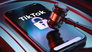 Ideogram image of a gavel banging on a smartphone with TikTok and a lock symbol on the screen