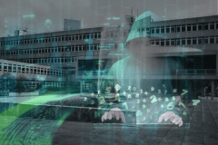 Investigation opened into UK's Leicester City Council following cyber incident. An image depicting a hooded figure composed of digital elements overlaid on a photo of a building complex, representing a cyber incident at Leicester City Council. Binary code streams across the image, enhancing the digital intrusion theme.