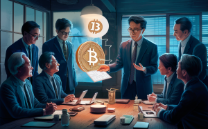 A captivating image of a Japanese pension fund manager presenting a proposal to a group of Japanese execs. The proposal highlights the potential benefits of incorporating Bitcoin into their pension fund.,