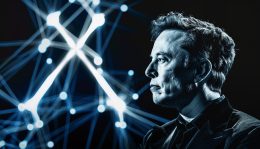 black and white, side profile of Elon Musk on a black background with a large white 'X' behind. blue wires and connectivity symbols representing AI are in the background