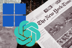 Microsoft seeks dismissal in New York Times lawsuit. An edited image that combines several elements overlaying each other. In the background, there is a grayscale newspaper page with the header "The New York Times," partially visible with some text blurred and other parts clear. Overlaid on the newspaper are five solid blue rectangles, arranged in a cross pattern, obscuring much of the text. In the foreground, there is a stylized green chain-link symbol that seems to float over the entire composition. The symbol is akin to a digital or technological emblem. The overall image has a collage-like aesthetic, with elements of media and technology themes intersecting.