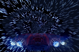 NVIDIA reveals Star Wars Outlaws is getting DLSS 3 and RTX. A spaceship dashes through hyperspace, with stars stretching into bluish lines against the dark backdrop of space, with a faint outline of Nvidia logo outline.