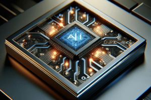Nvidia to tease new B100 chip at upcoming GTC conference. A highly detailed and futuristic AI chip, designed with advanced technology concepts.