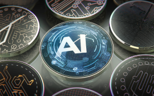 A futuristic and captivating 3D render of various AI-related cryptocurrency coins. The coins are displayed in a circular arrangement, and each has a unique design featuring AI-themed symbols and patterns. The overall ambiance of the image is innovative and high-tech, reflecting the potential growth and development of AI in the world of cryptocurrency., 3d render