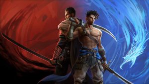 A promotional game image for Prince Of Persion: The Lost Crown. Two warriors stand shirtless and back to back. On the left is a red background and on the right a blue background.
